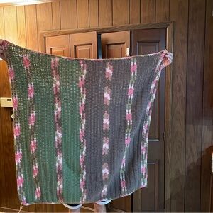 Hand Crocheted Afghan Brown, pink , white , olive  36” X 40” Soft & Comfy